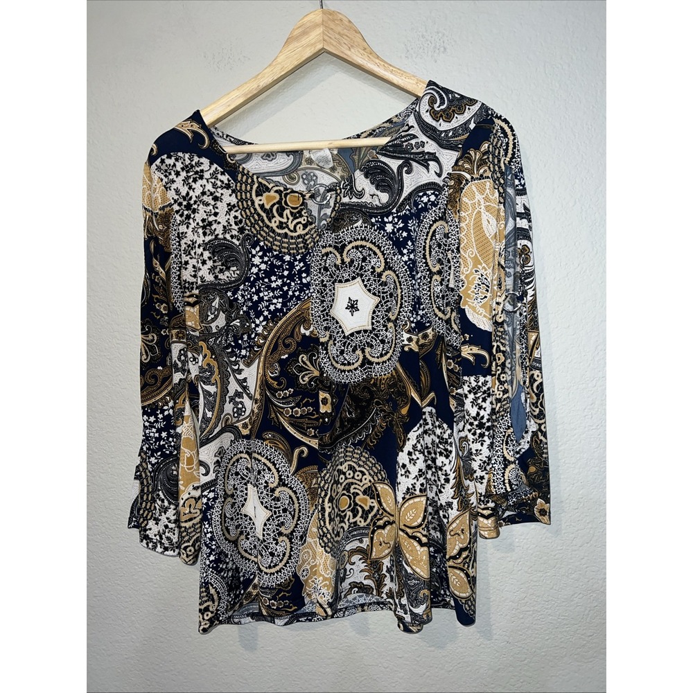 Emi & Joe White Gold Blue Paisley Knit Tunic Chrome Grommets XL P PXL
